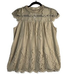 Beige Lace Overlay Sleeveless Top Romantic Cottagecore Soft Girl Boho Coquette M
